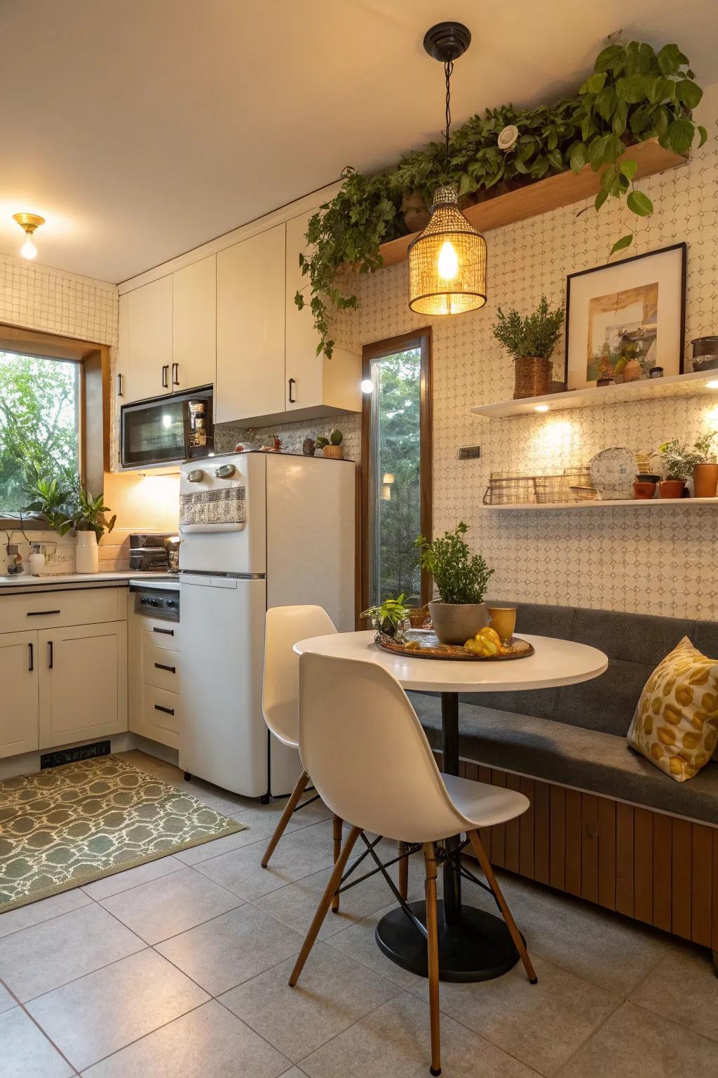 A cozy breakfast nook offers a charming spot for morning meals.