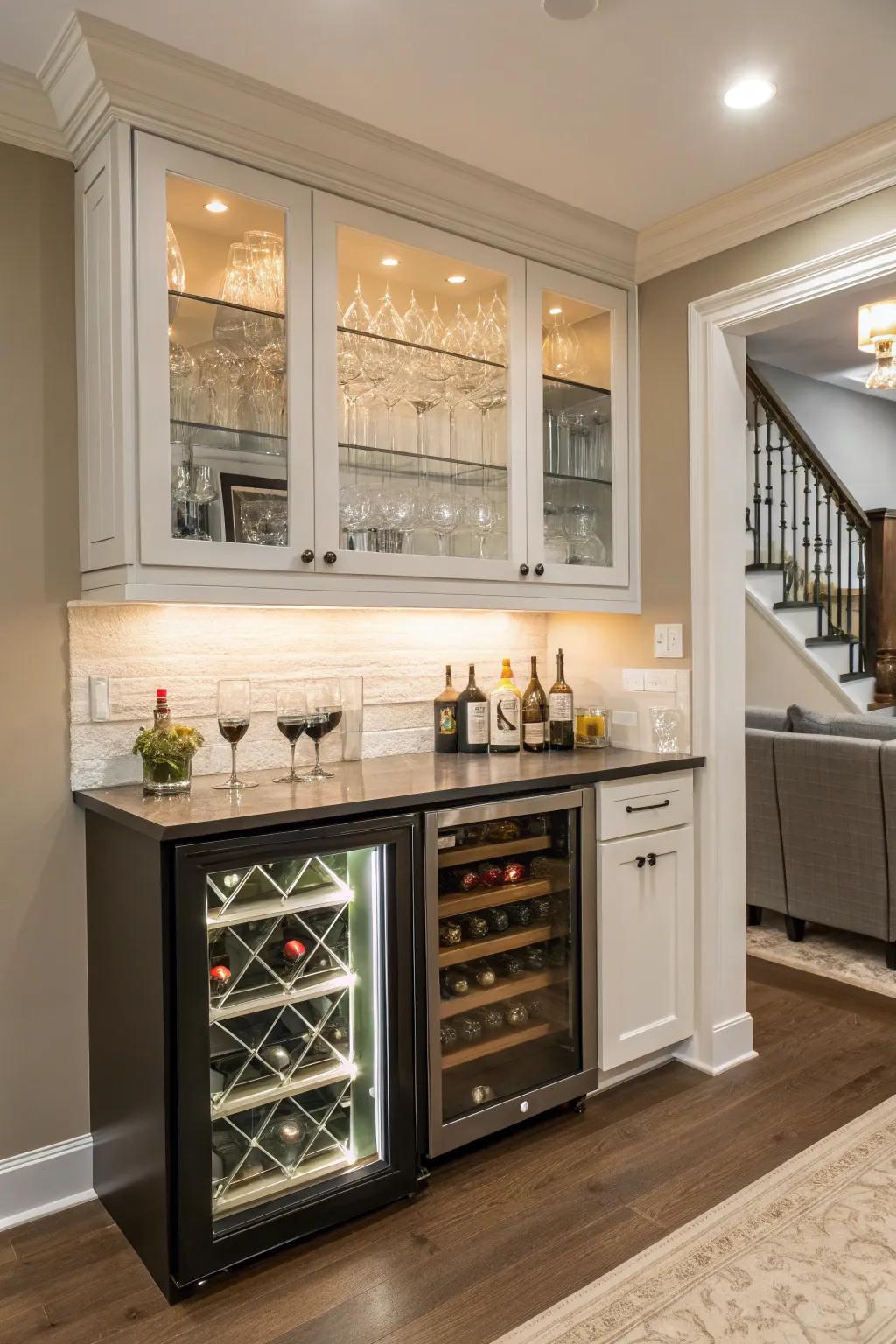 A miniaturized refrigerator guarantees beverages remain impeccably chilled and geared for serving.