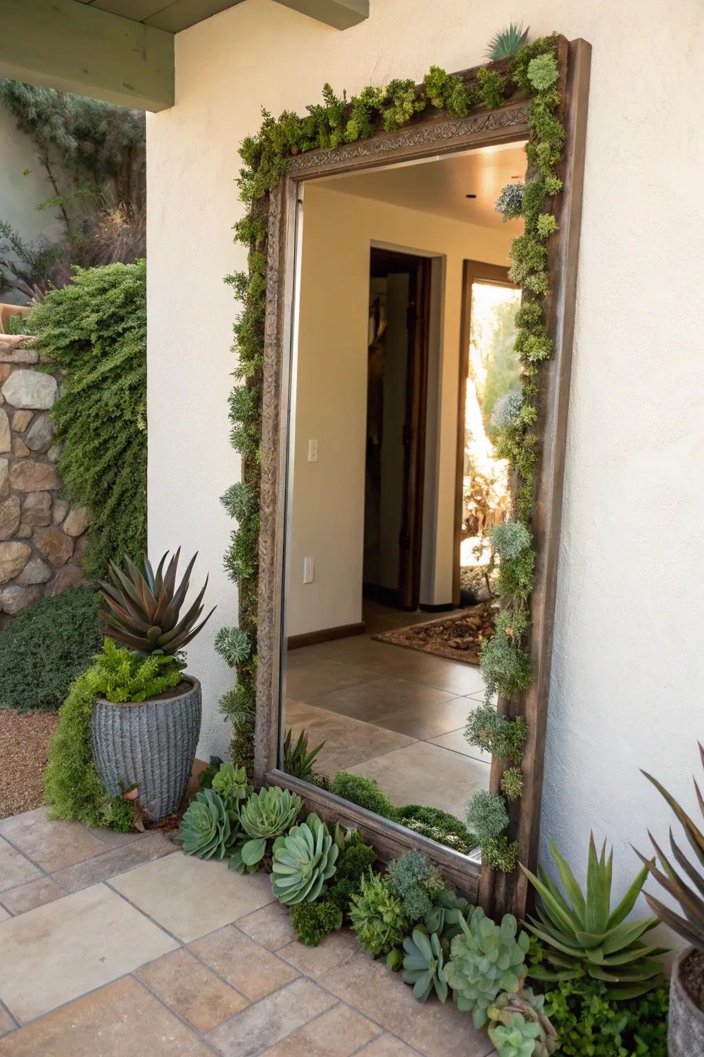 A succulent-adorned looking glass creates a striking statement.