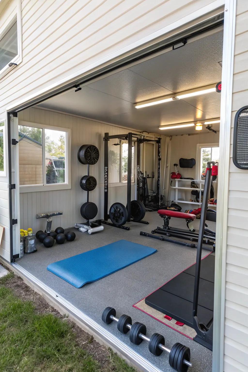 A home fitness center featuring exercise equipment and mirrors, designed for convenient workouts at home.