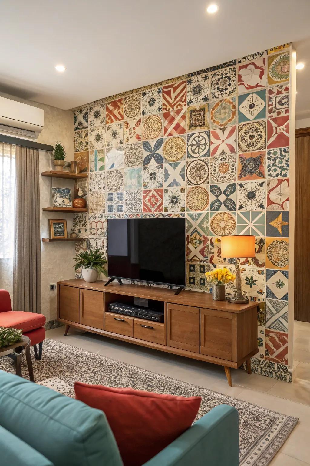 Patterned tiles add a striking and colorful backdrop.