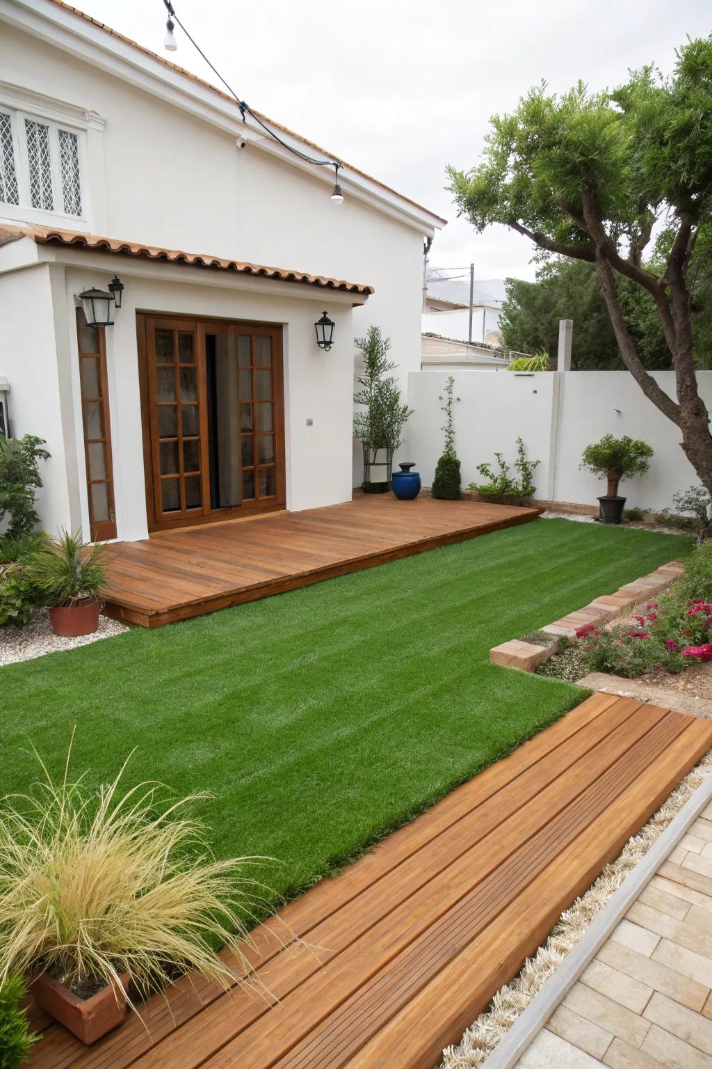 Wooden decking complements the artificial grass, creating a cozy corner.