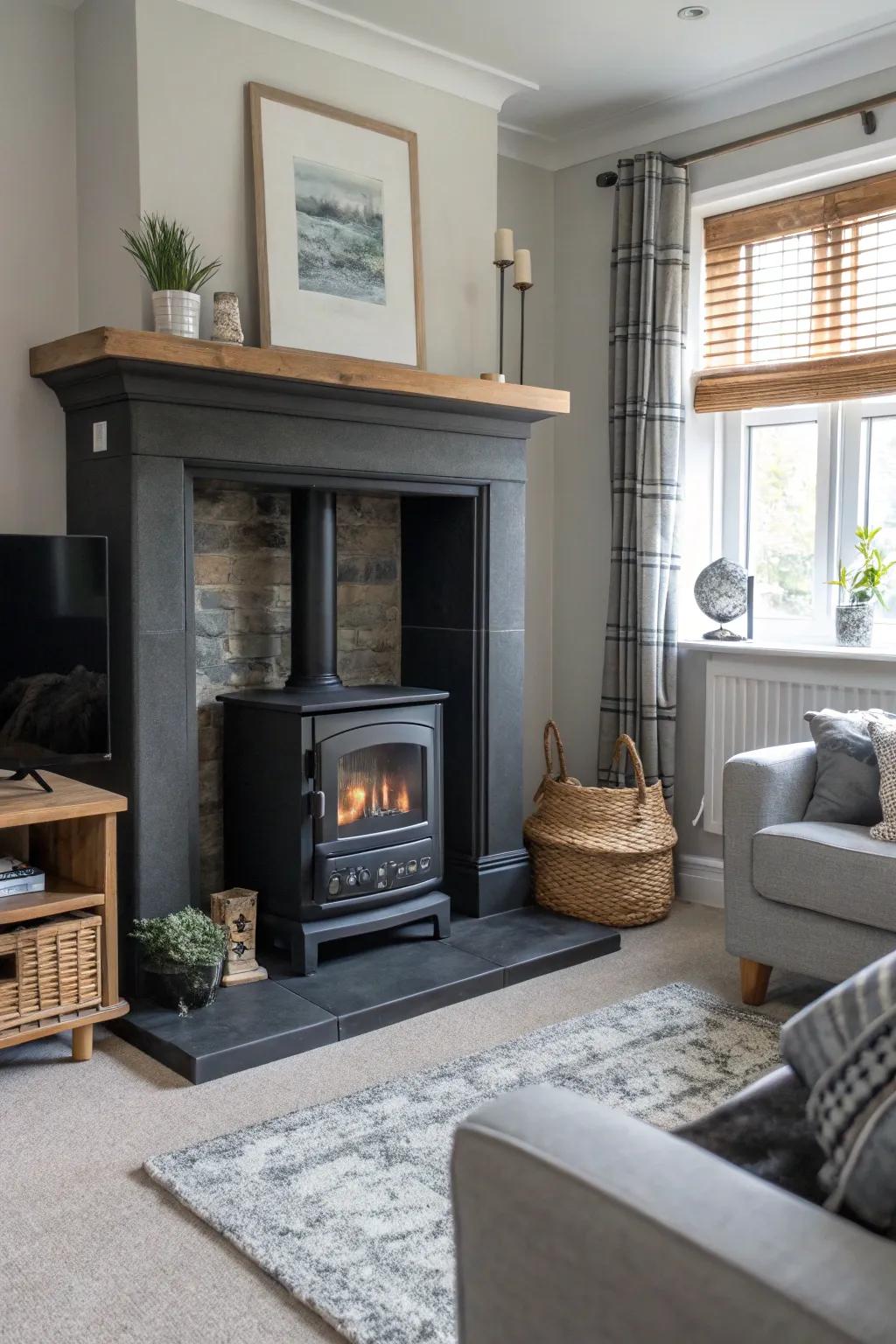 A modern black and grey fireplace serves as a cozy focal point.