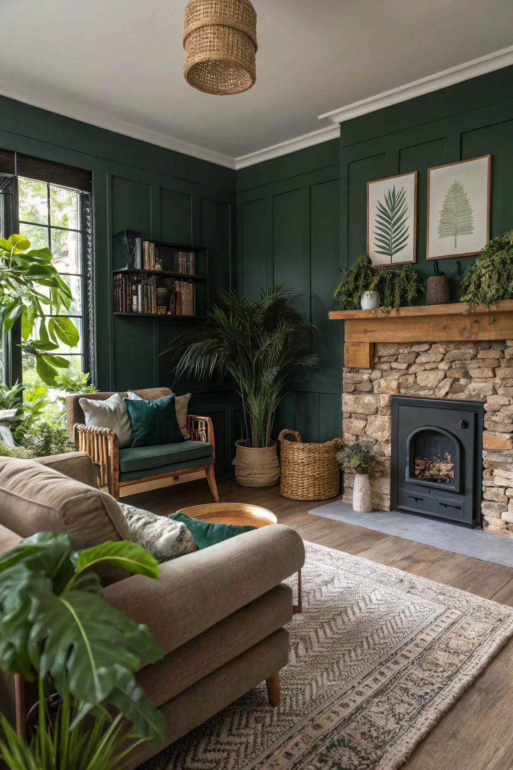 Natural-inspired design aspects amplify the calm of a dark green living space.