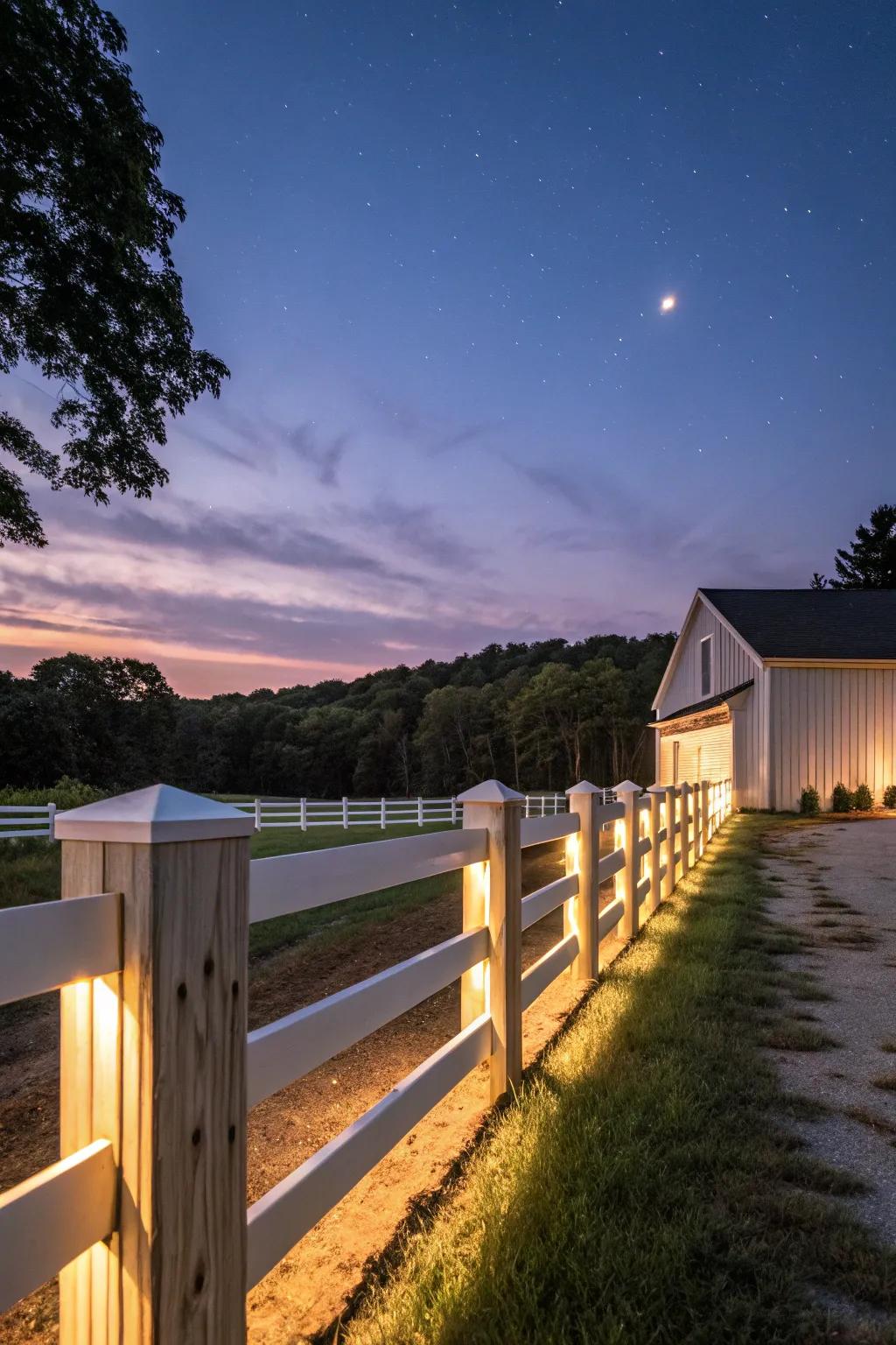 Lighting elements add elegance and create a magical evening ambiance for this farmhouse fence.