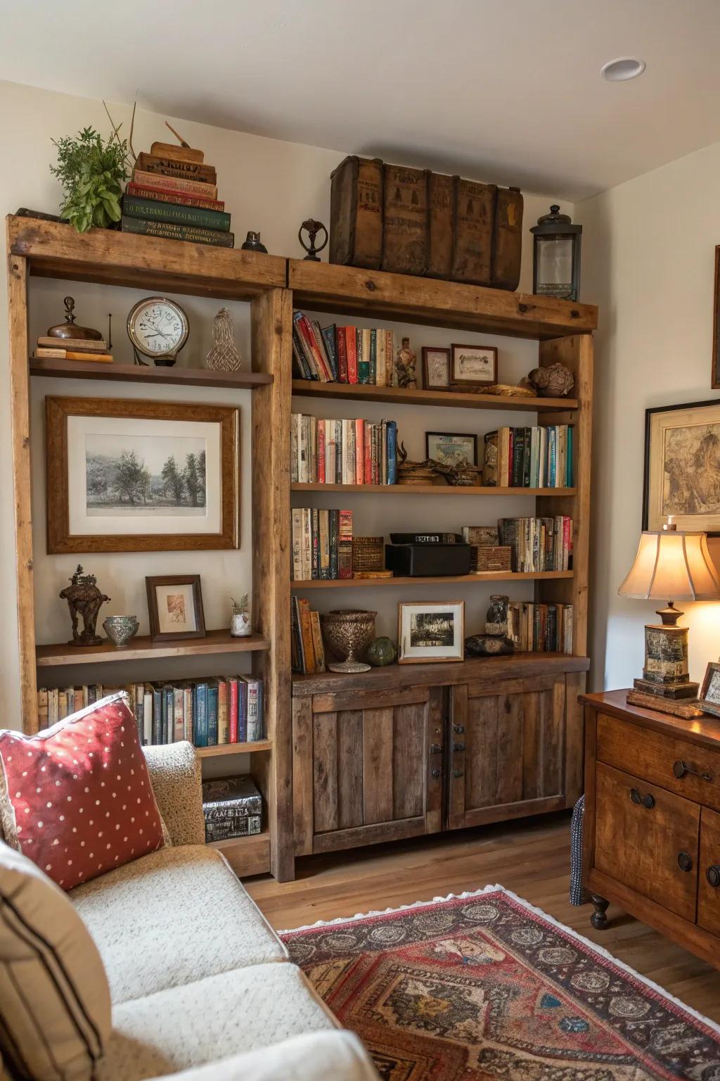 Rustic shelving offers both display space and a stylistic element in the farmhouse lounge.