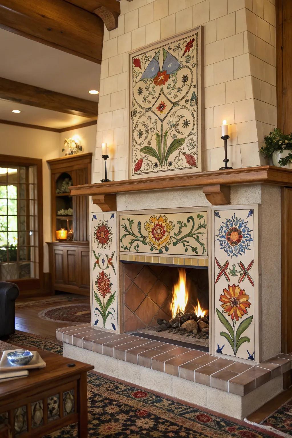 A fireplace using unique hand-painted tile artistry.