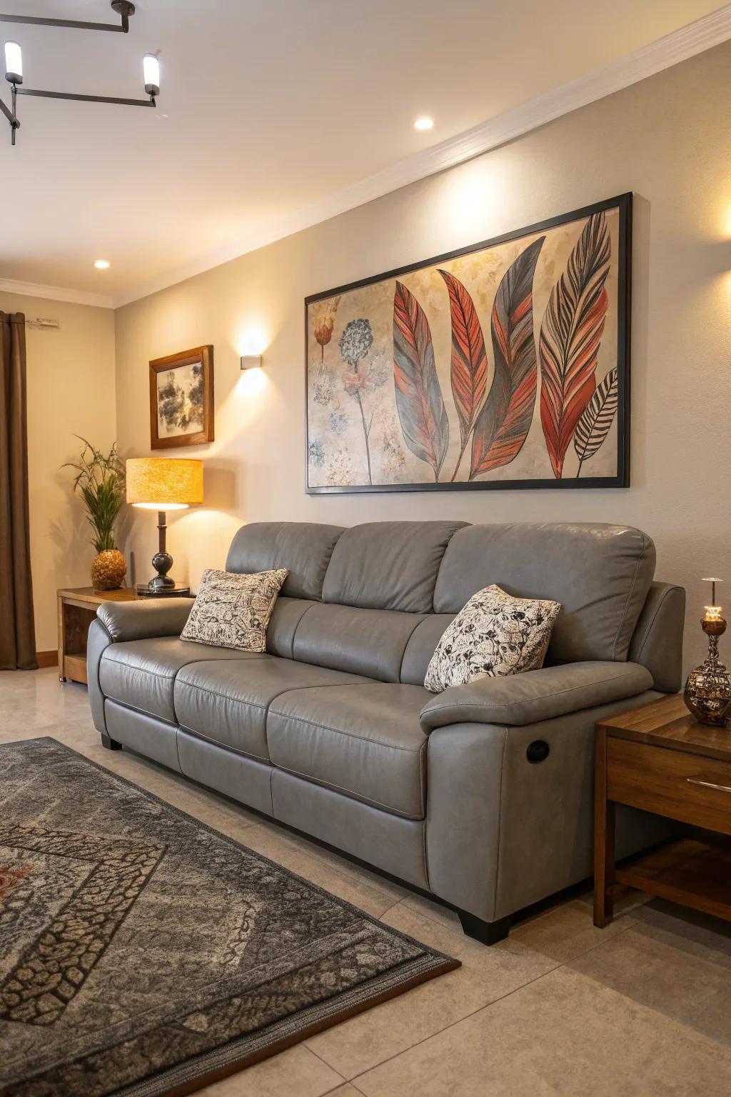 A charcoal hide settee underscoring a mesmerizing eye-catching point in the family room.