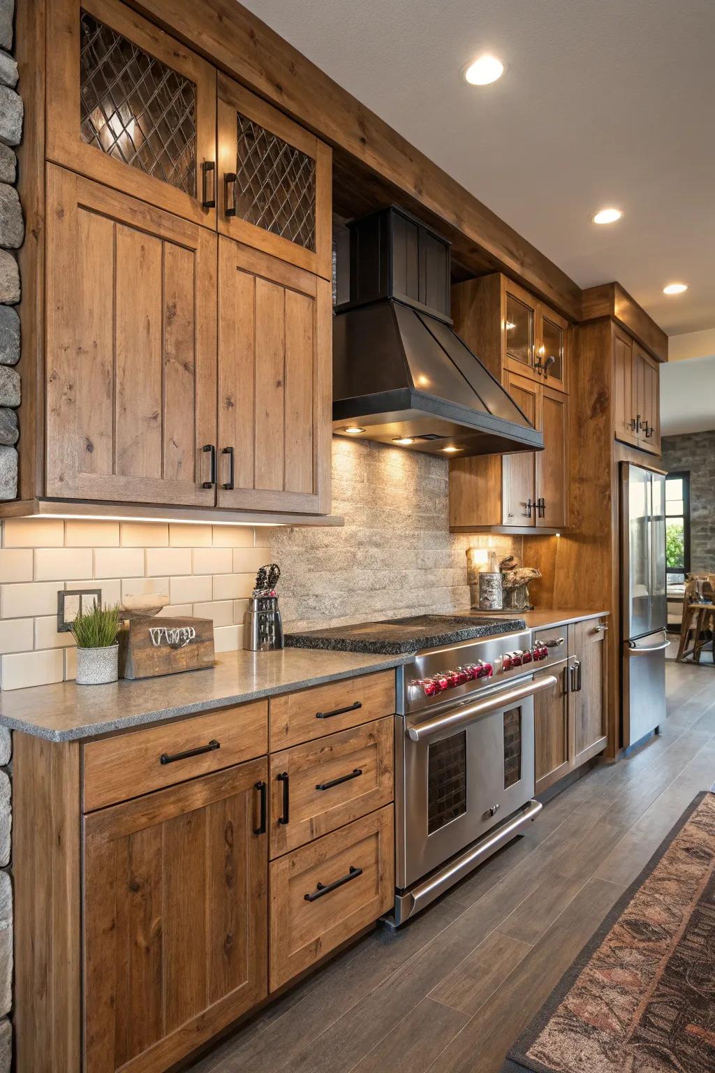 Industrial elements add edge to hickory kitchens.