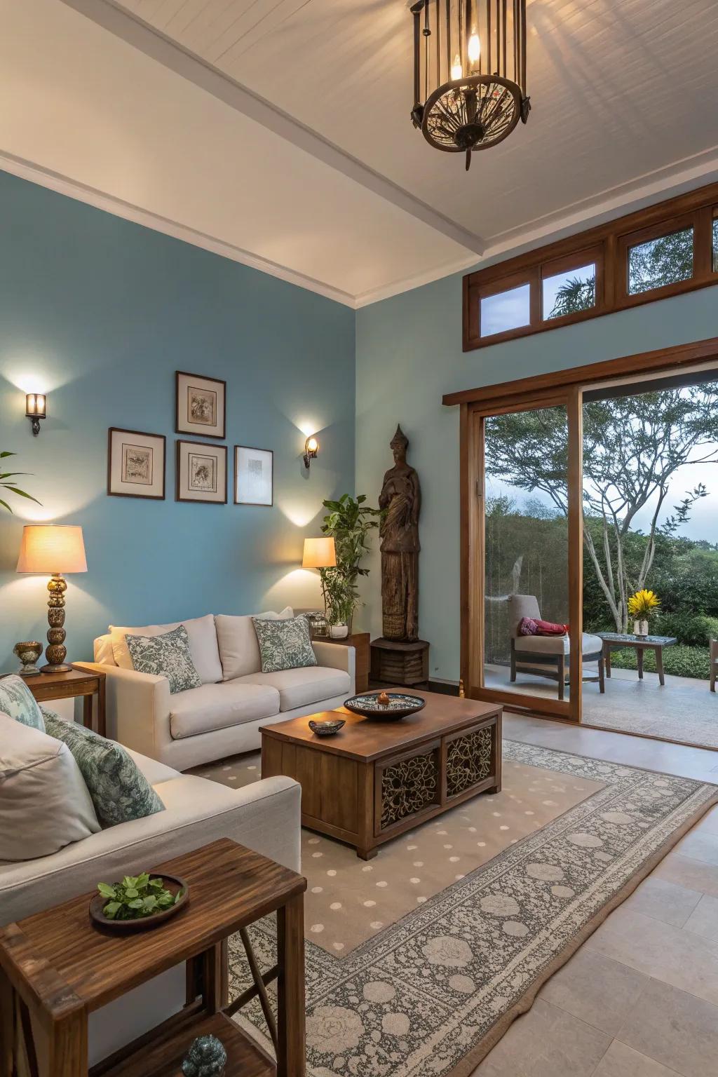 Azure walls evoke a sense of serenity and openness in this tranquil living space.