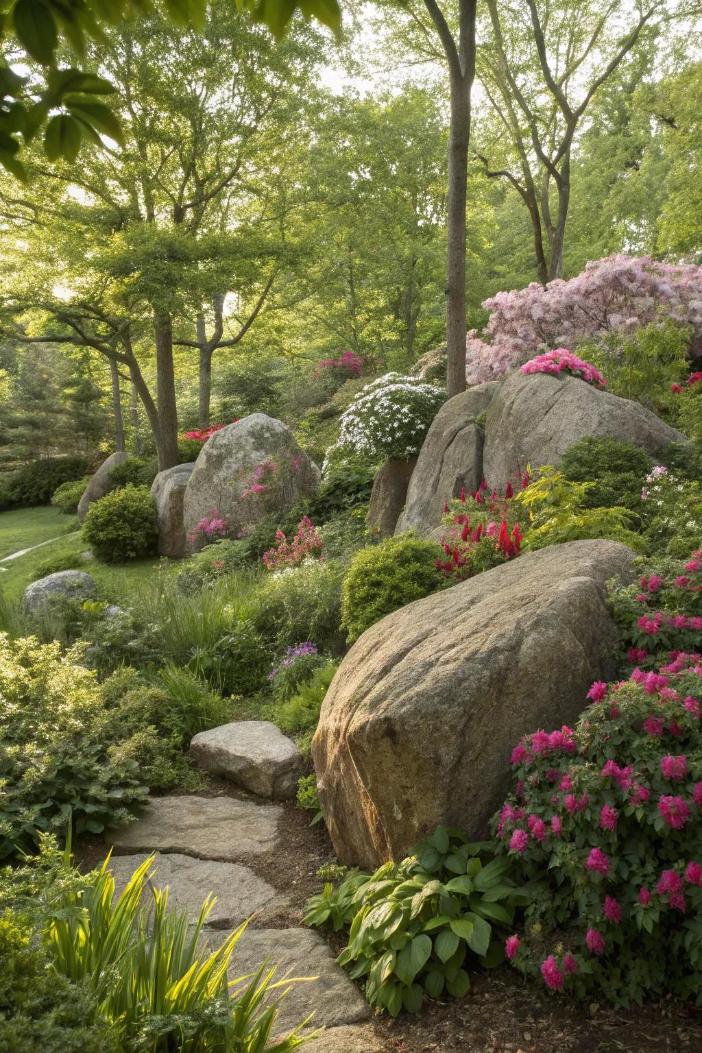 Boulders act as natural central points, grounding the garden design.