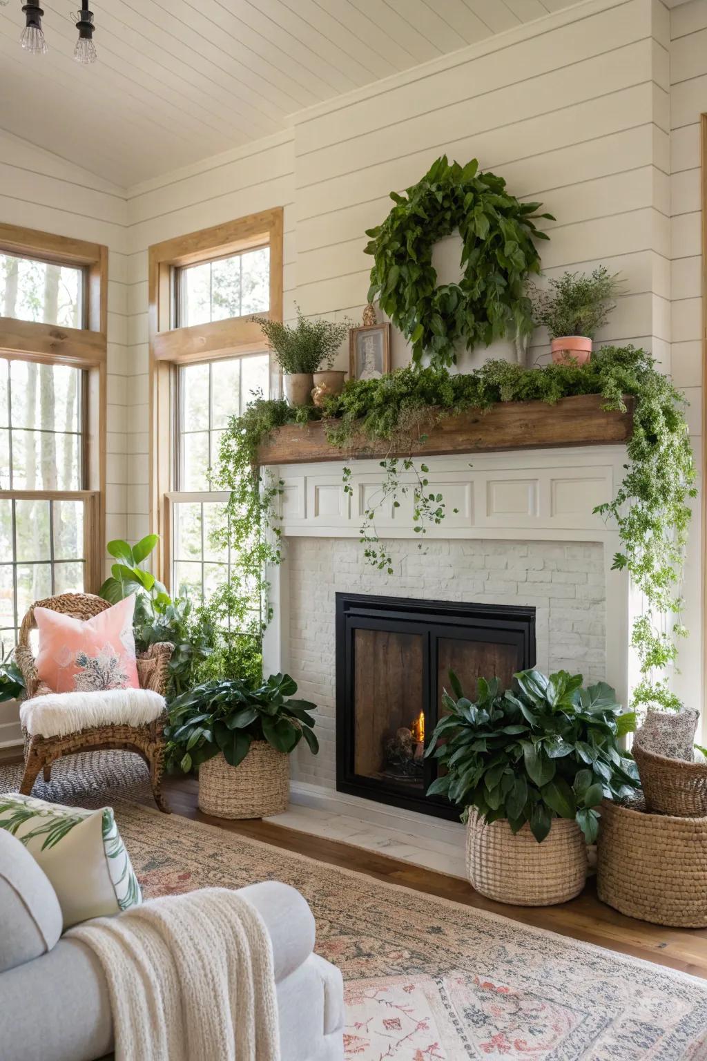 A shiplap fireplace complemented by abundant greenery.