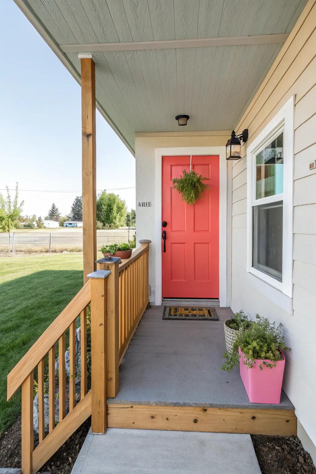 A small front porch with a door painted in a bold color for added charm.