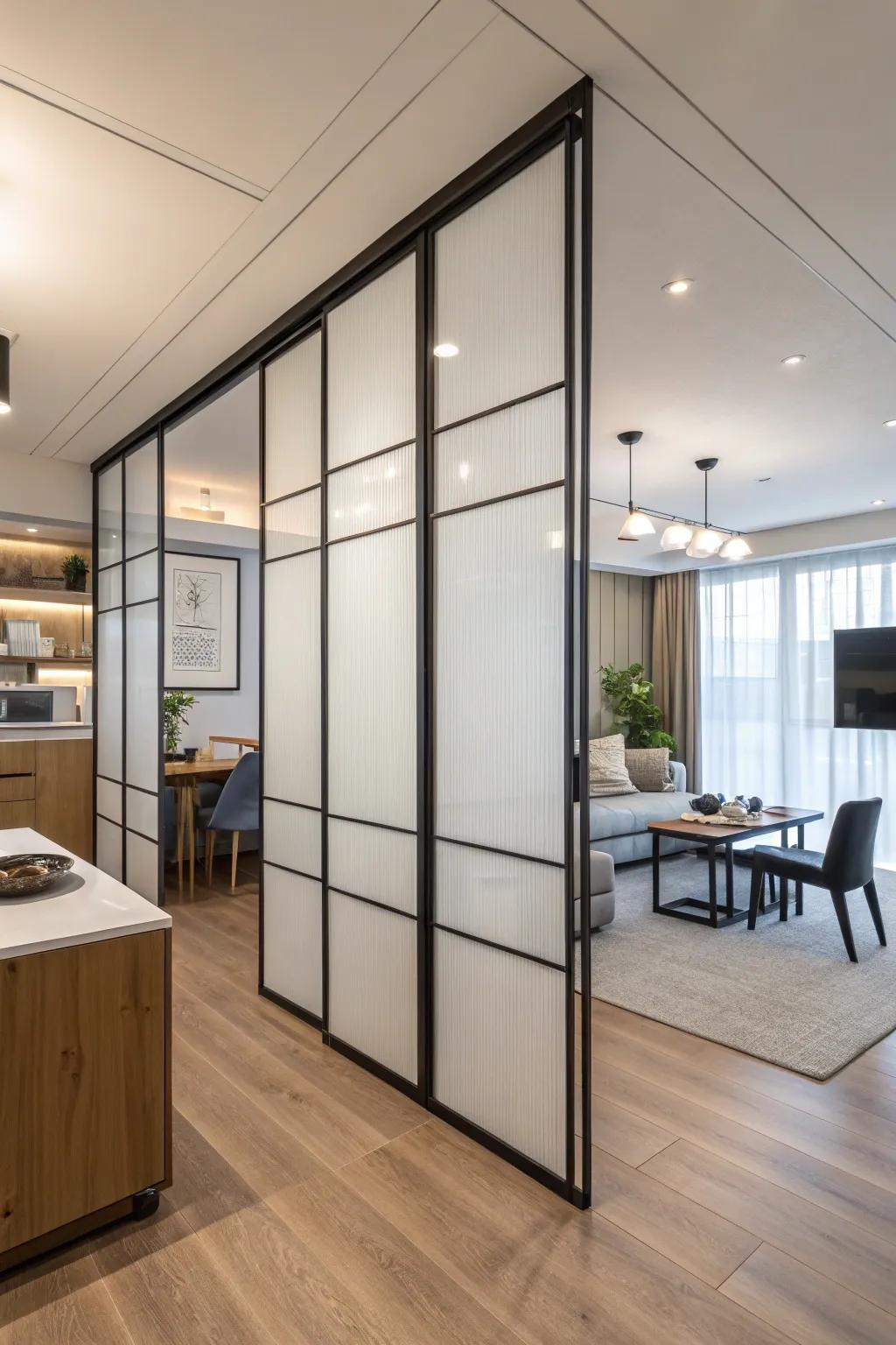 A studio apartment using moving room dividers to create spaces that are flexible and private.