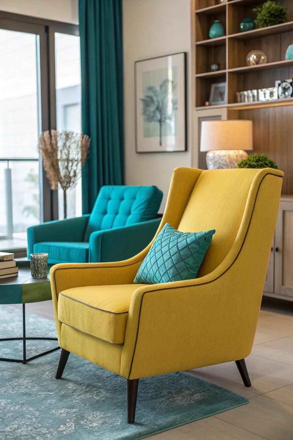 A sunbeam sitting chair adds an unexpected burst of color.