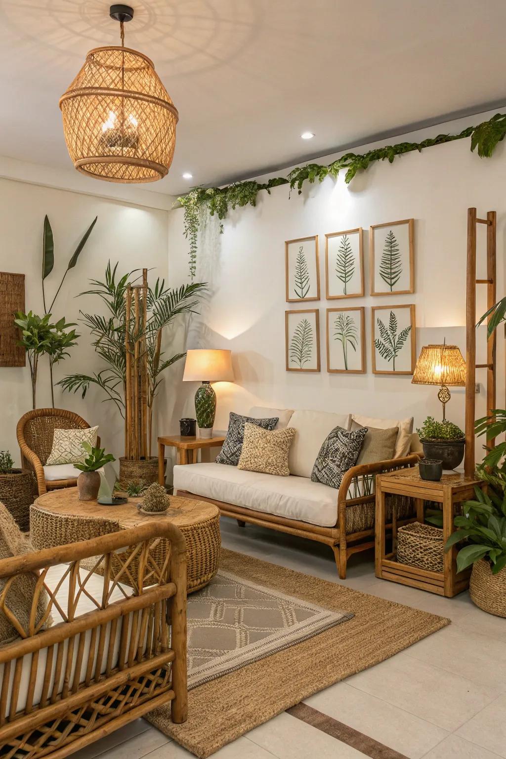 Bamboo elements add an exotic touch to the tropical design.