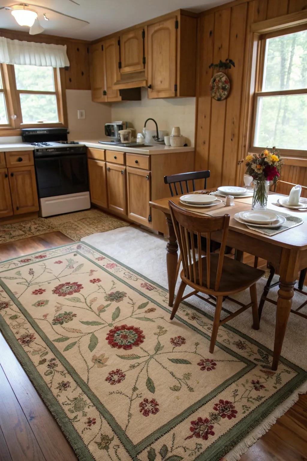 A vintage-inspired rug adds warmth and coziness to the space.