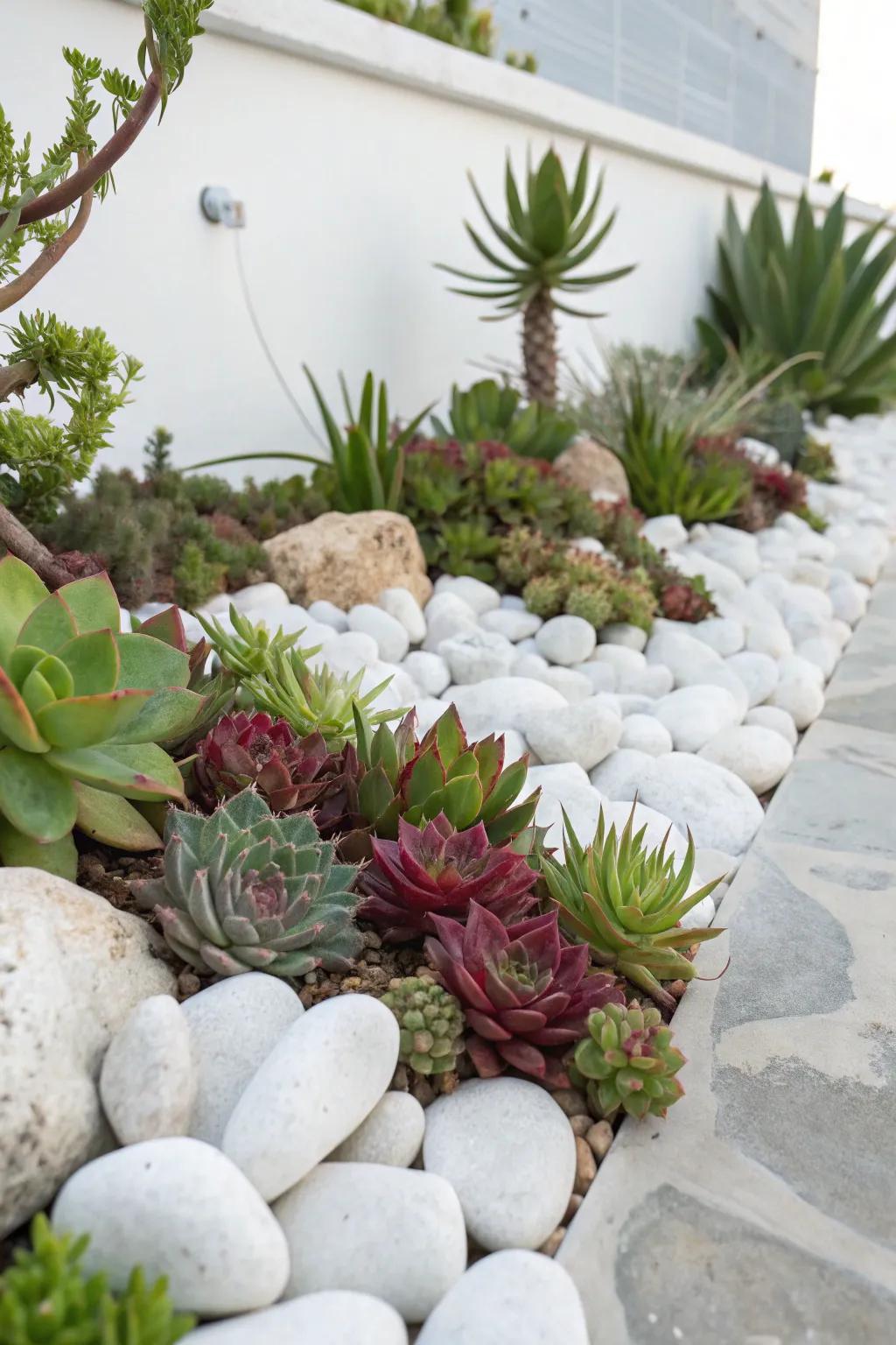A charming fleshy plant garden showcasing alabaster stones, providing a simple upkeep and enchanting scenery.