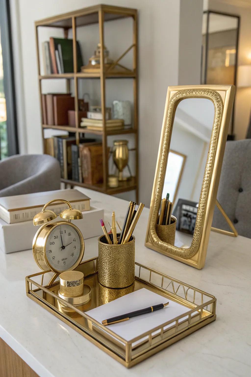 Metallic accents add a luxurious shine to this moody office.