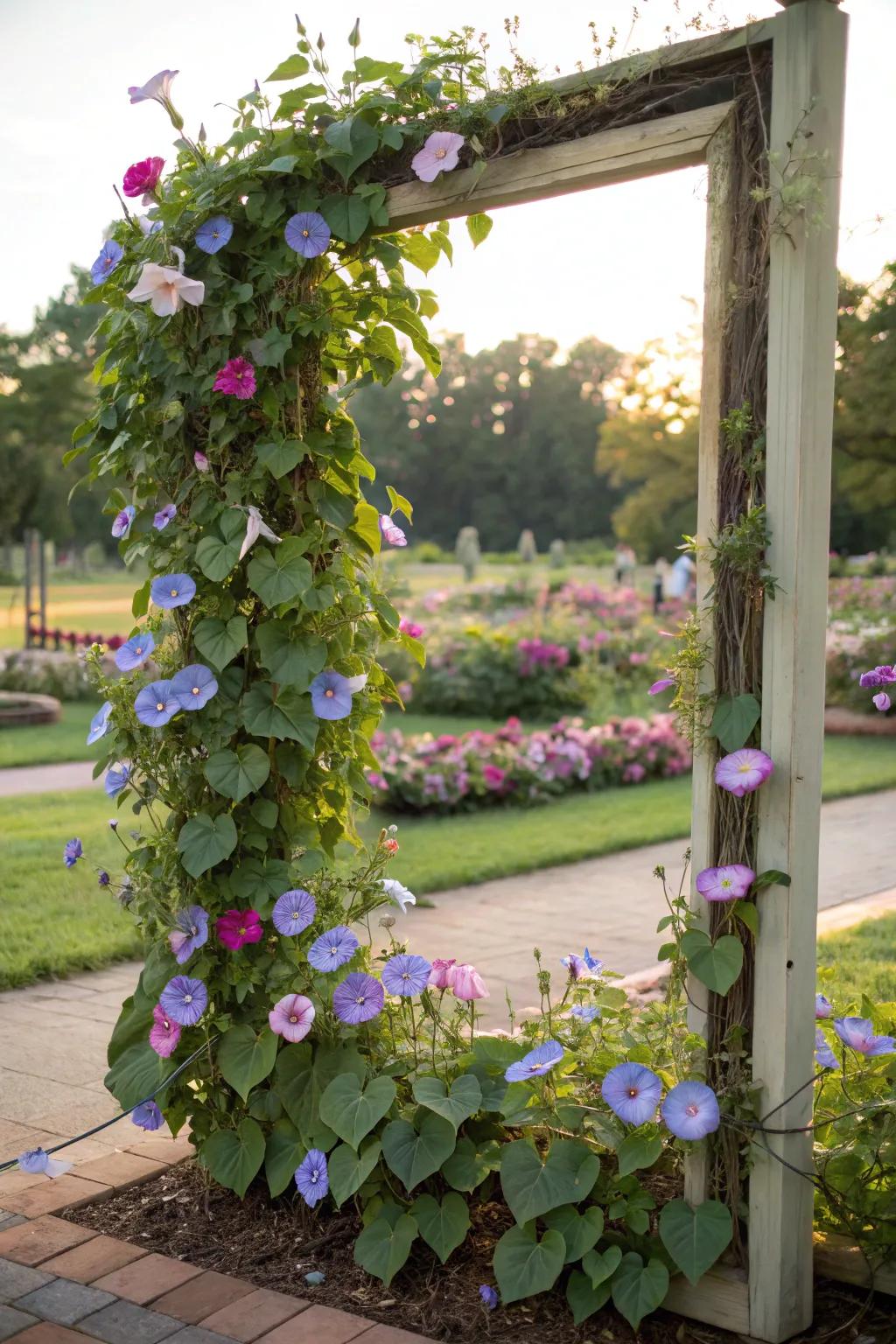 A vibrant piece of living artwork with morning glories trained around a frame.