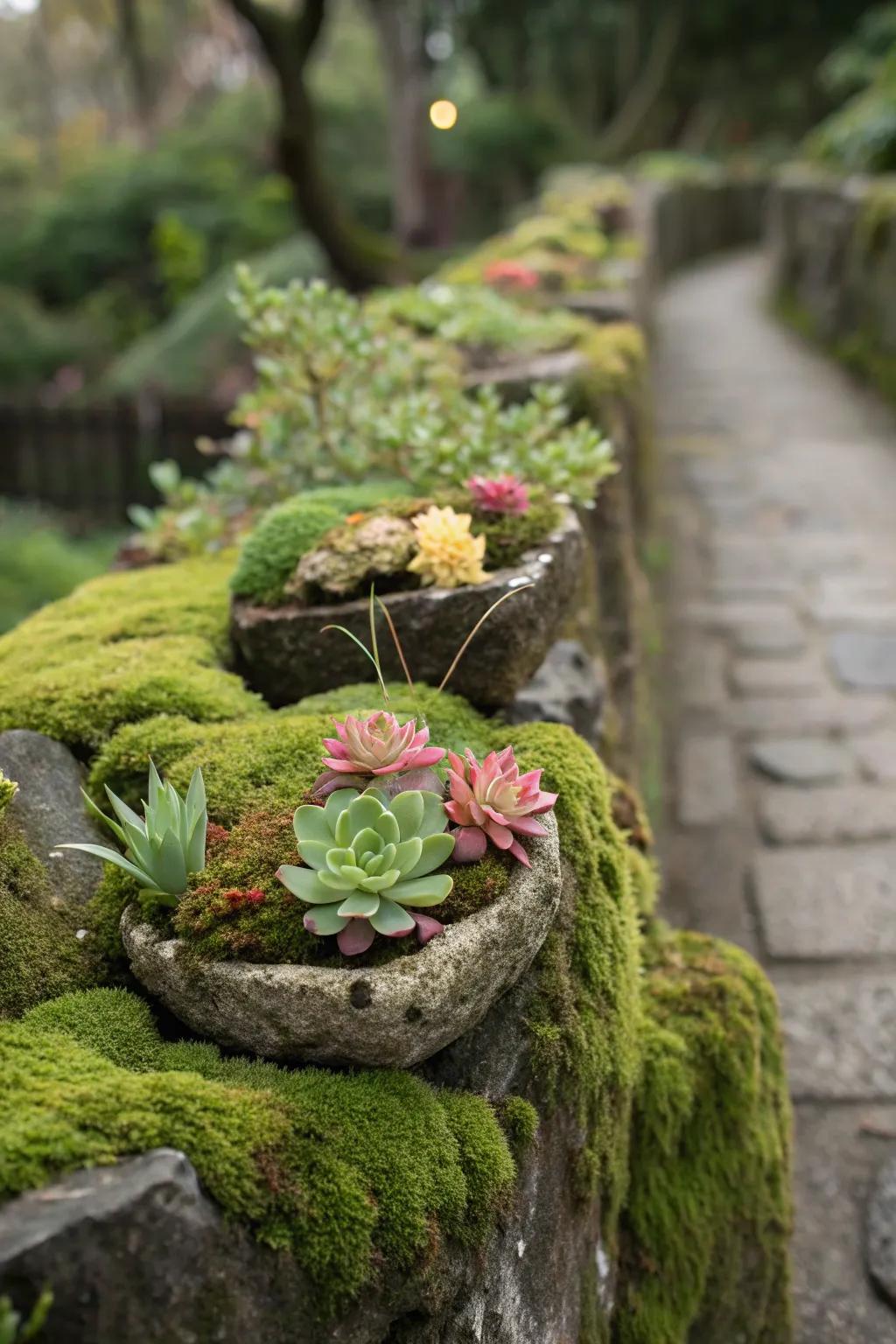 An ingenious utilization of moss stones with vibrant planter depths.