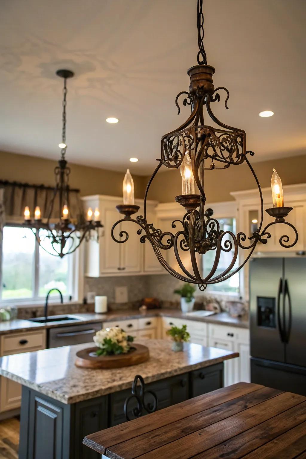 Unique lighting units elevate the countryside ambiance of this kitchen.