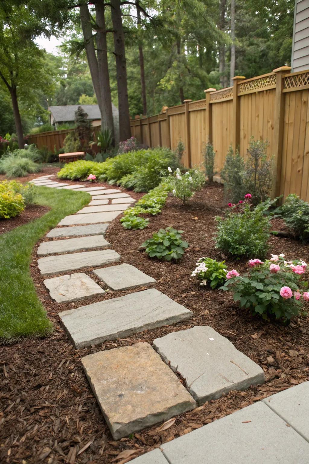 Pavers and mulch create structured garden borders.