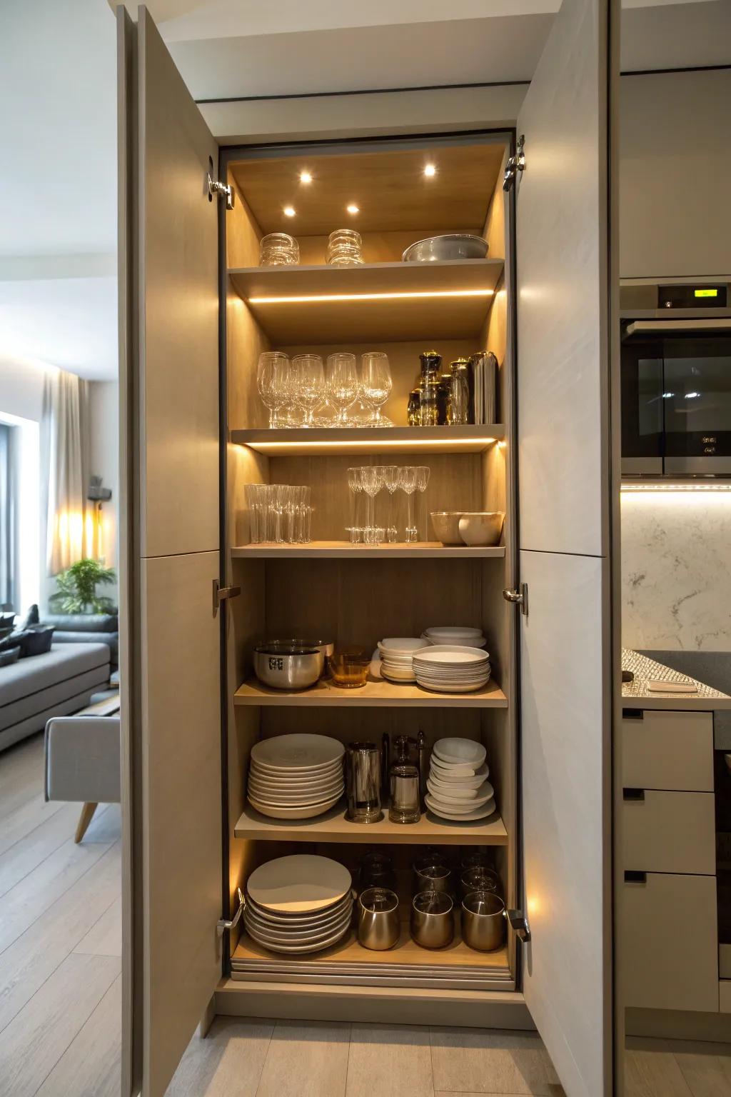 Integrated lighting within a slender cabinet boosting both visibility and atmosphere.