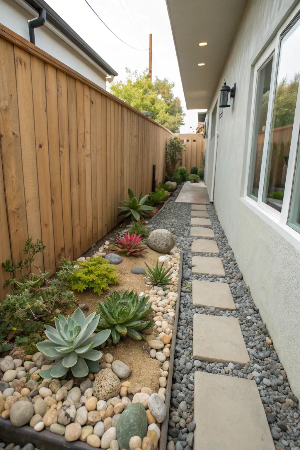 Rock gardens provide a peaceful and low-maintenance option for narrow spaces.