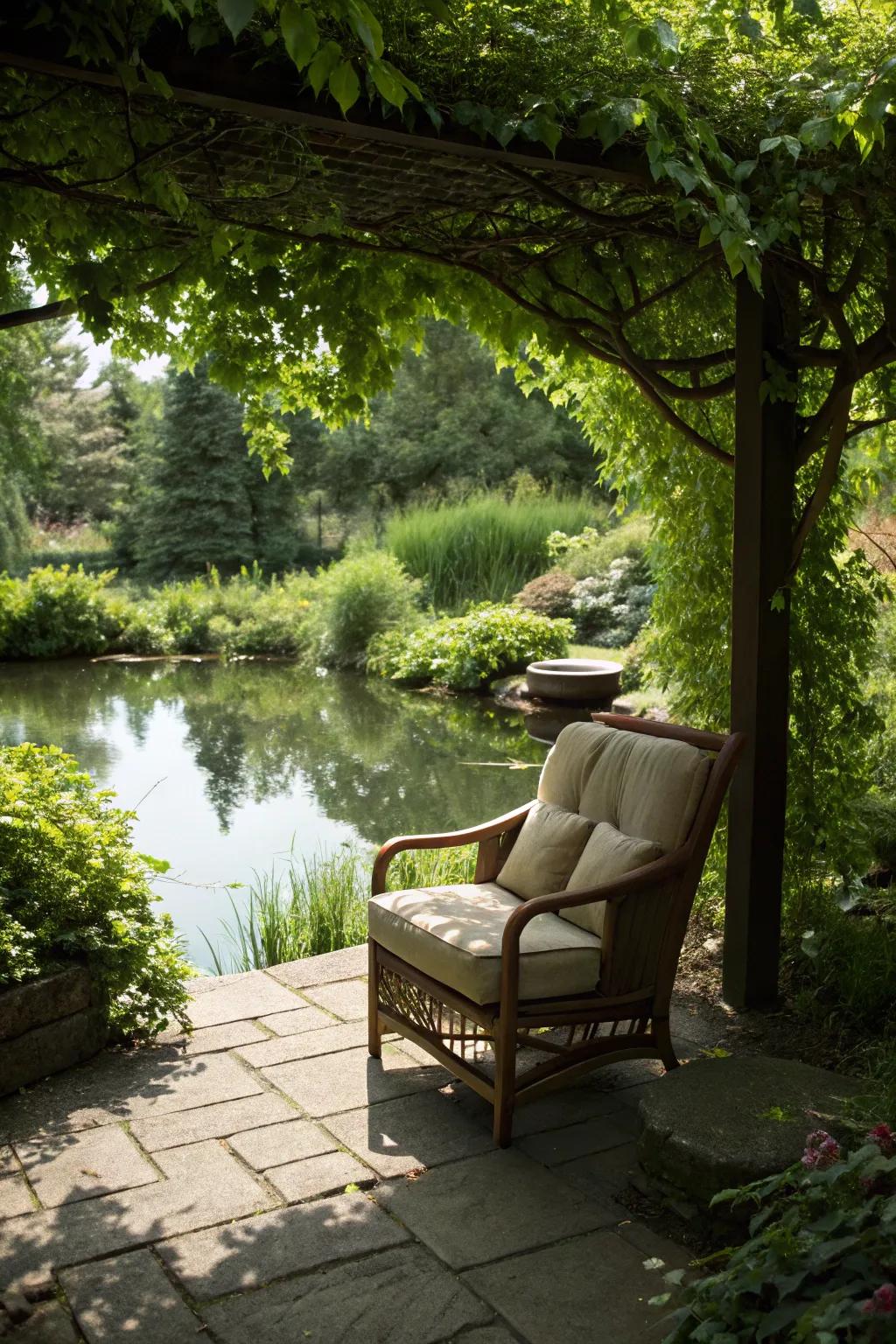 A hidden nook offering a private retreat by a natural pond.