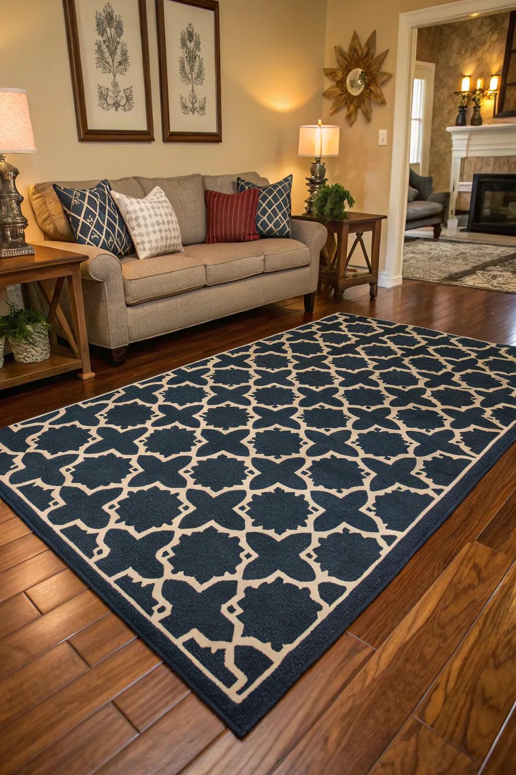 Patterned navy rugs on brown hardwood floors add warmth and contrast.