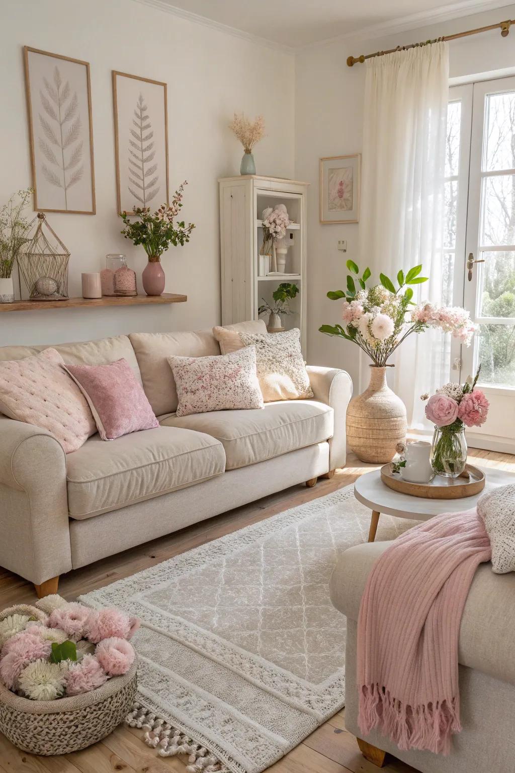Pastel accents add a soft, airy touch to a neutral living room.