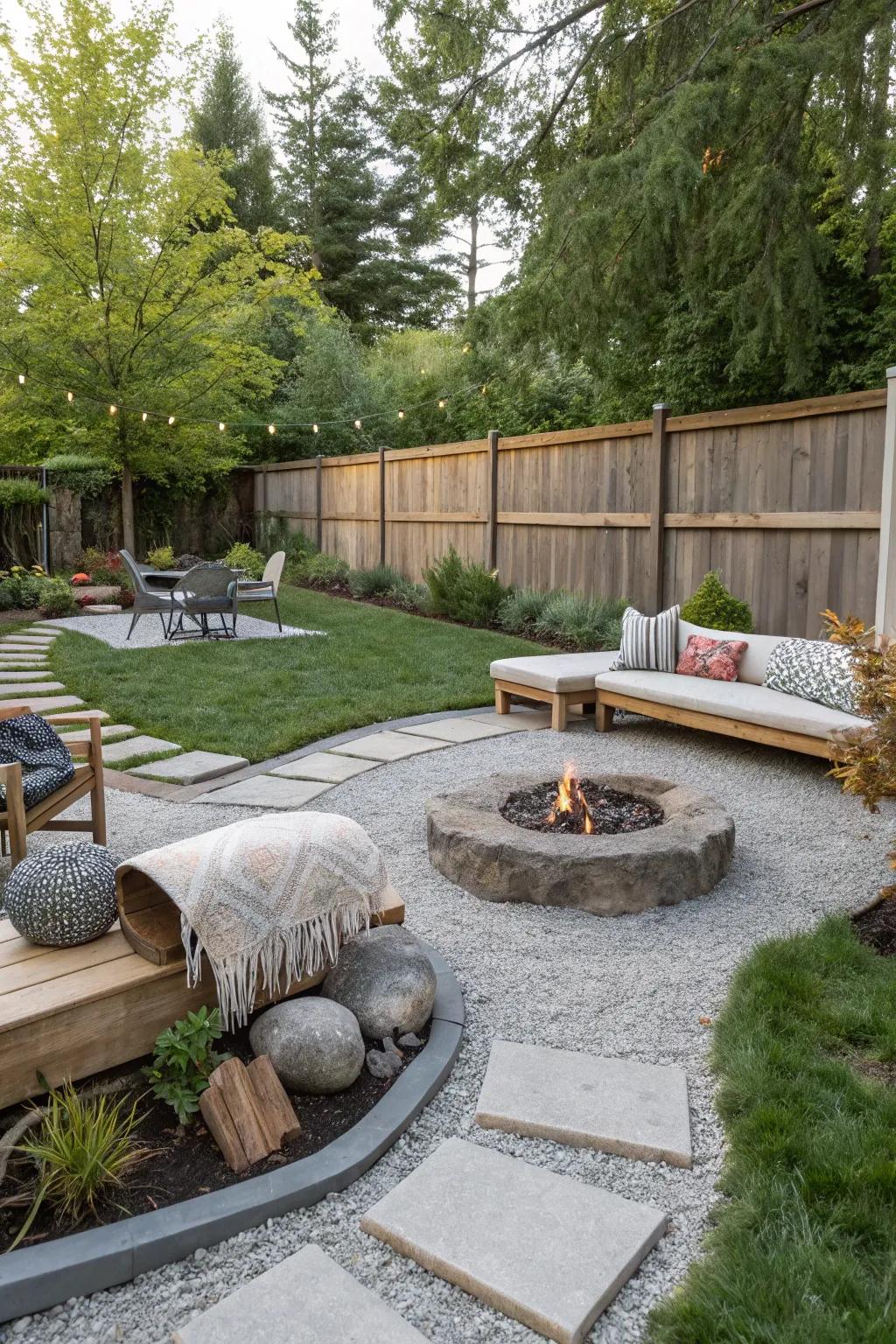 A well-organized backyard using gravel to make distinctive zones.