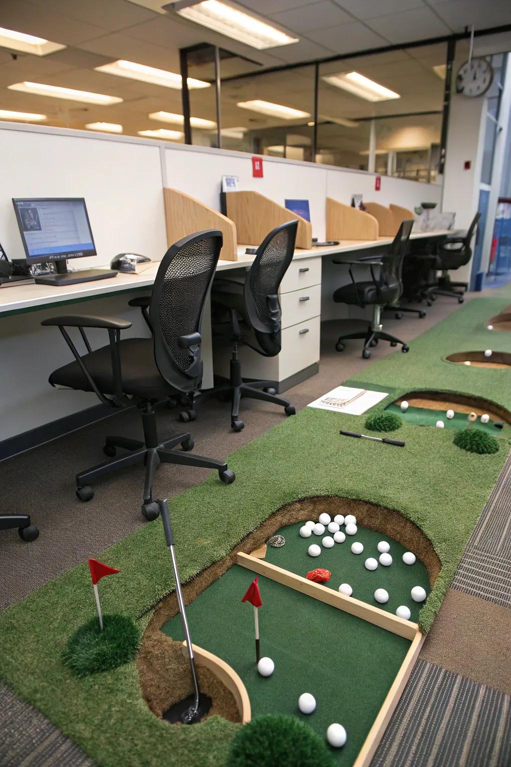 Duck under desks for an adventurous golf experience.