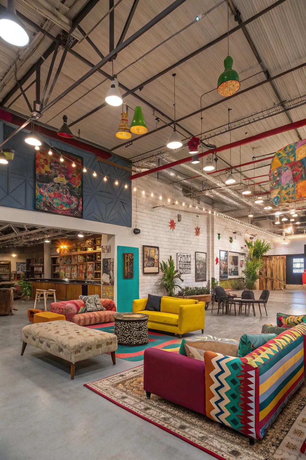 An eclectic mix of styles makes this open-ceiling space uniquely personal.