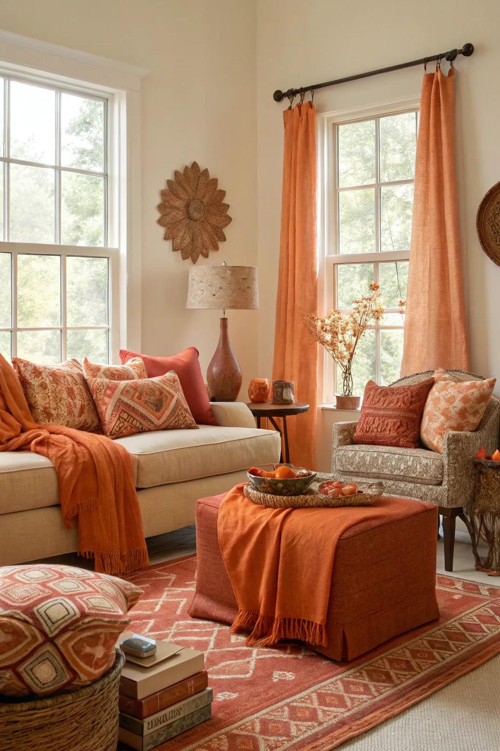 Various shades of orange contribute dimension and dynamism to the living room.
