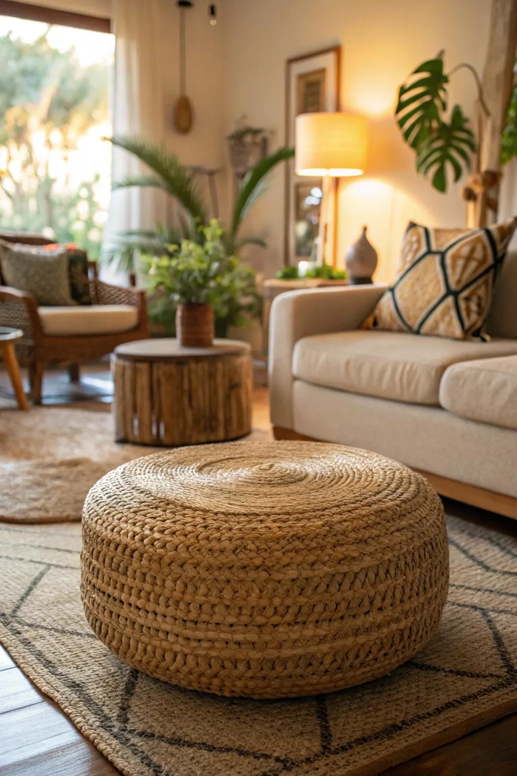 An eco-friendly ottoman that enhances the room's natural allure.