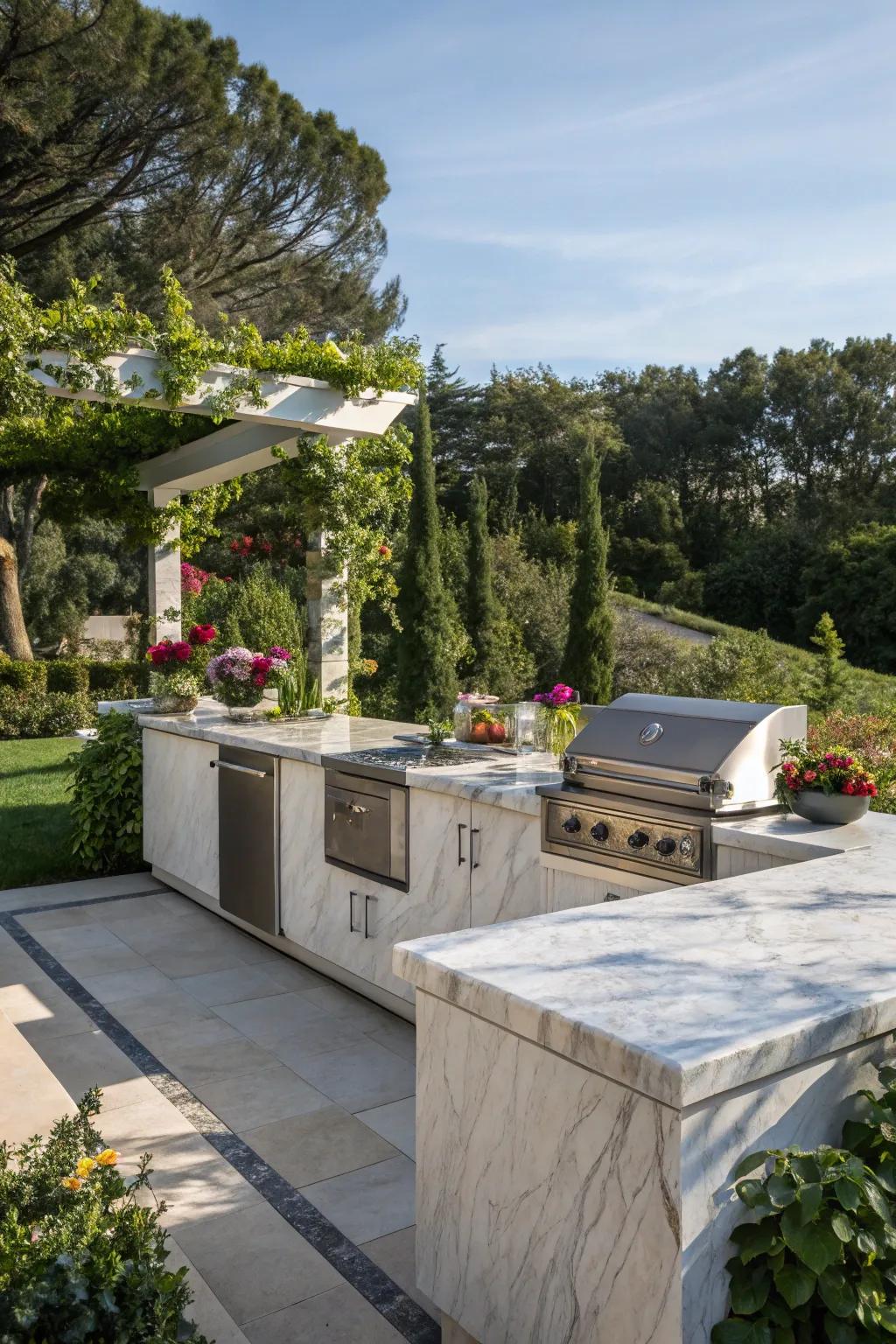 Marble countertops add luxury and durability to your outdoor grill area.