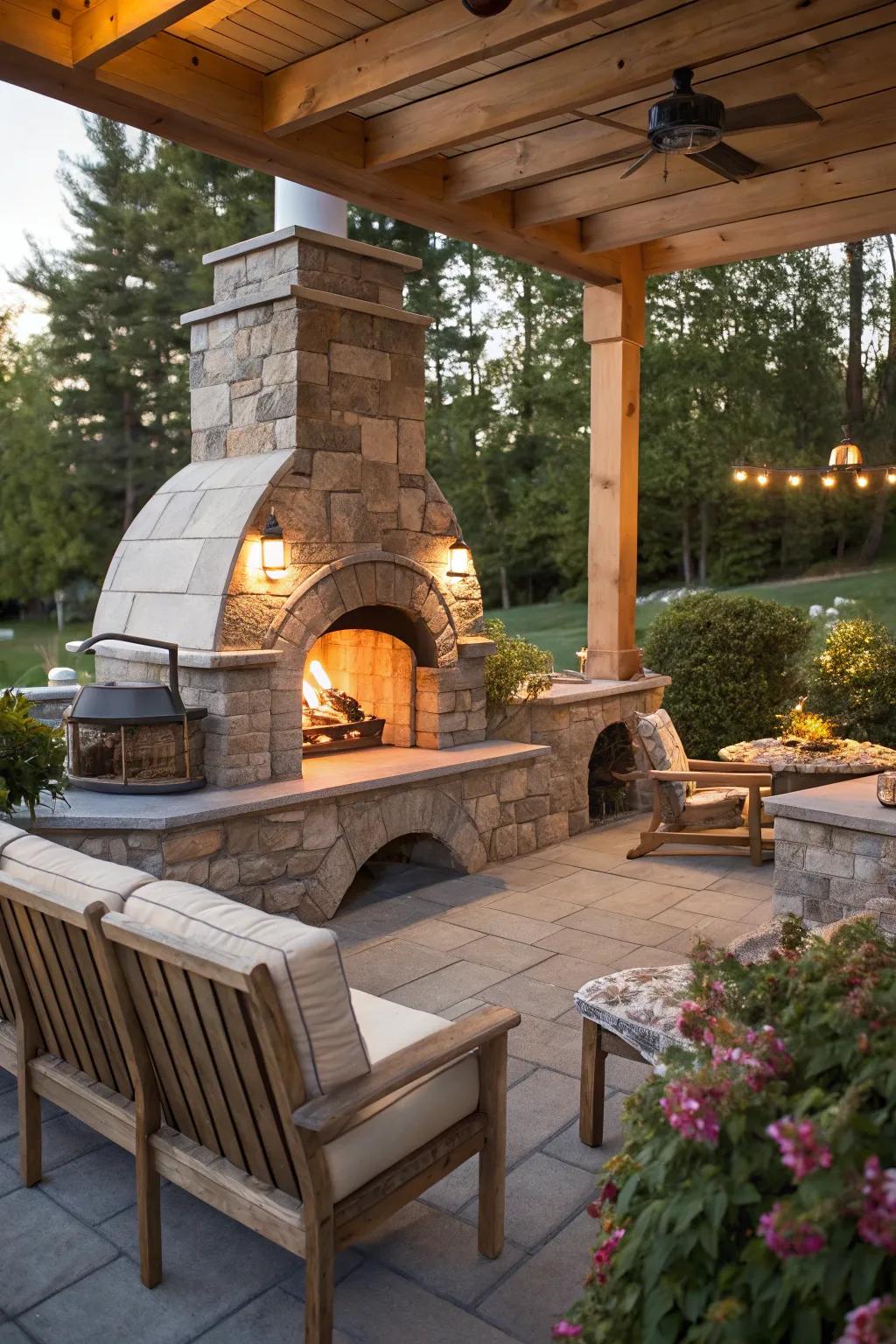 A combined pizza oven and fireplace that enhances both warmth and cooking possibilities.