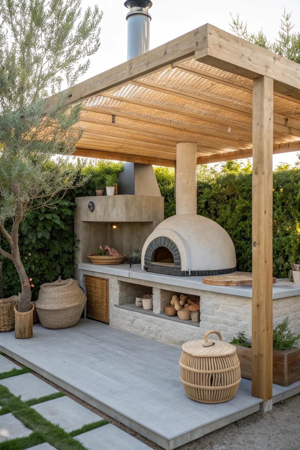 Create cozy, delicious moments rain or shine with a beautifully covered outdoor pizza oven setup.