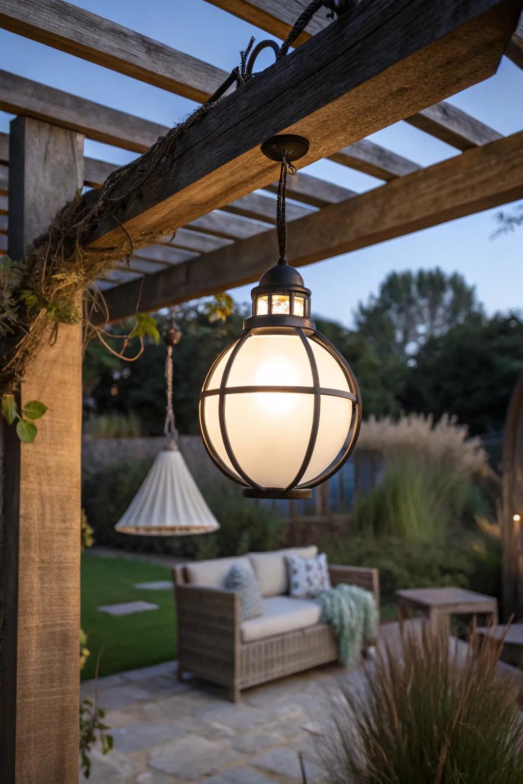 Transform your pergola into an enchanting dining oasis with stylish solar pendant lights.
