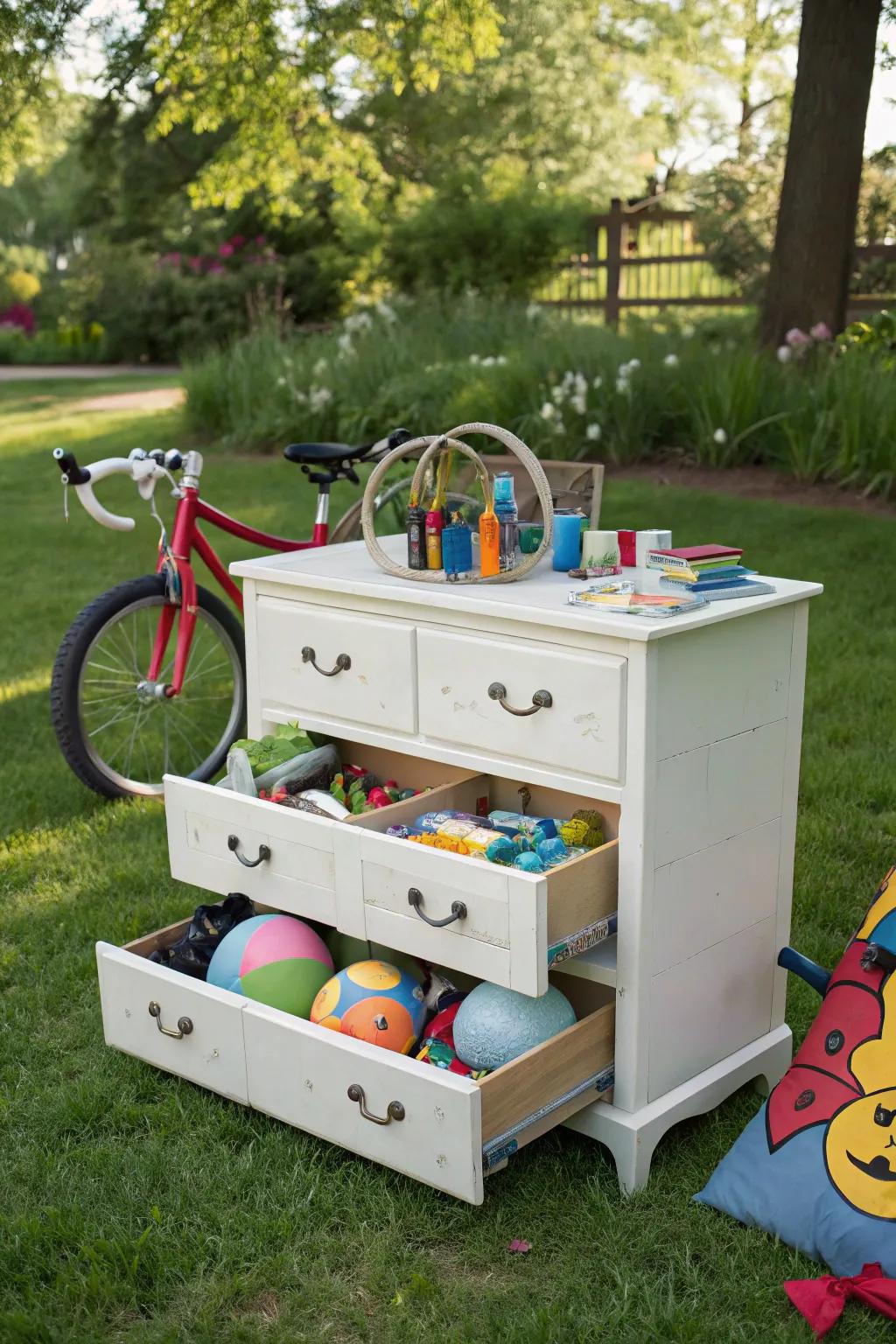 Repurpose furniture for creative and charming toy storage solutions.