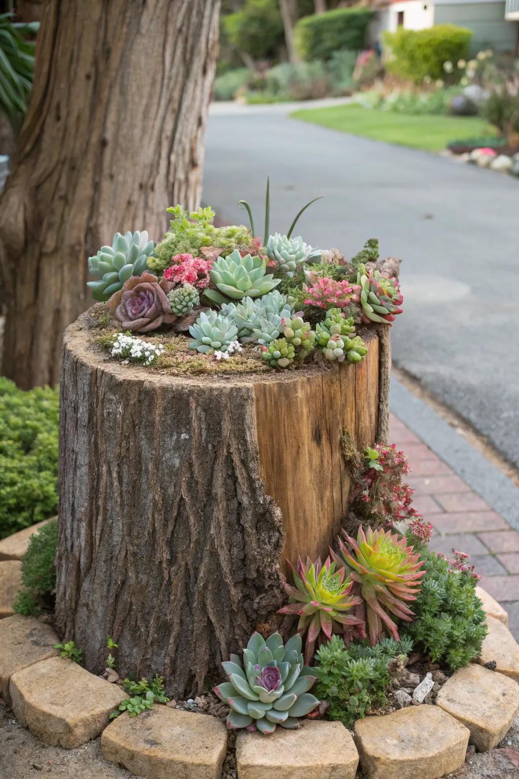 A succulent garden transforms a stump with its striking textures and shapes.