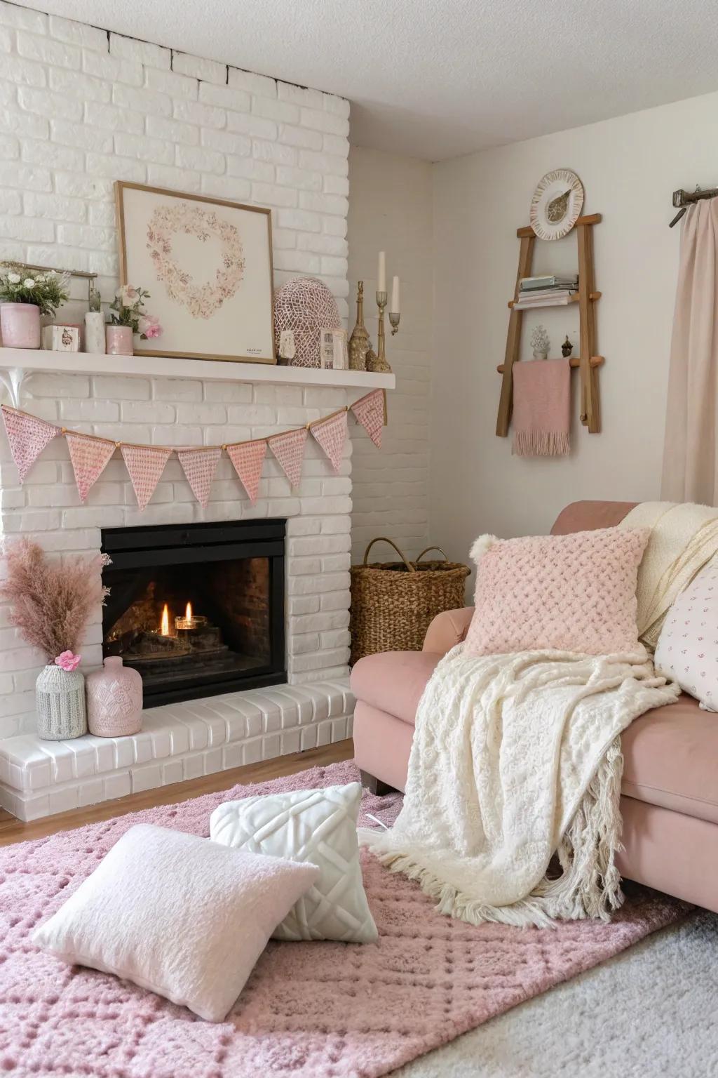 A blush pink-painted fireplace adding a soft surprise.