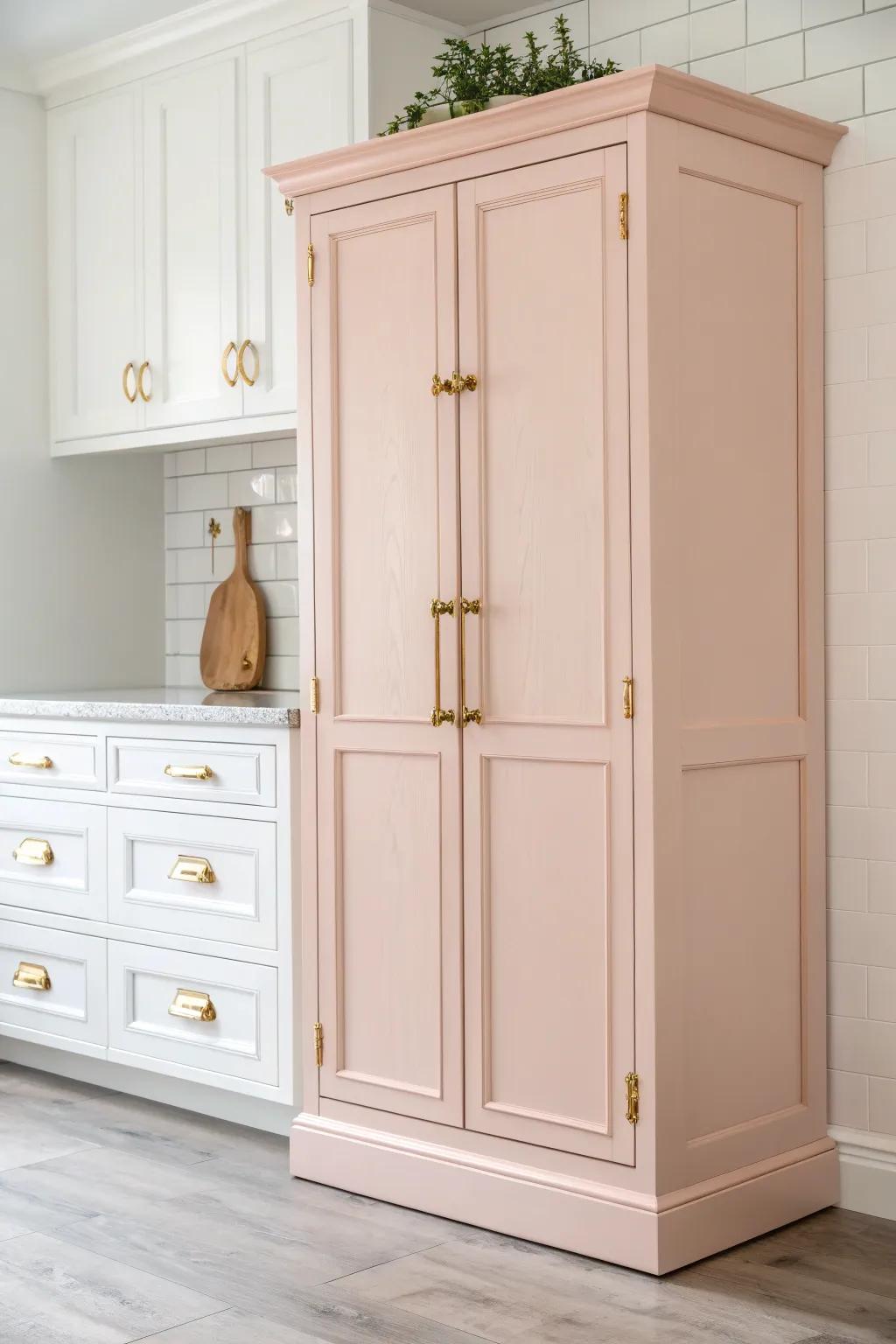 Transform your kitchen with a touch of blush pink elegance – where minimalist meets bohemian charm.