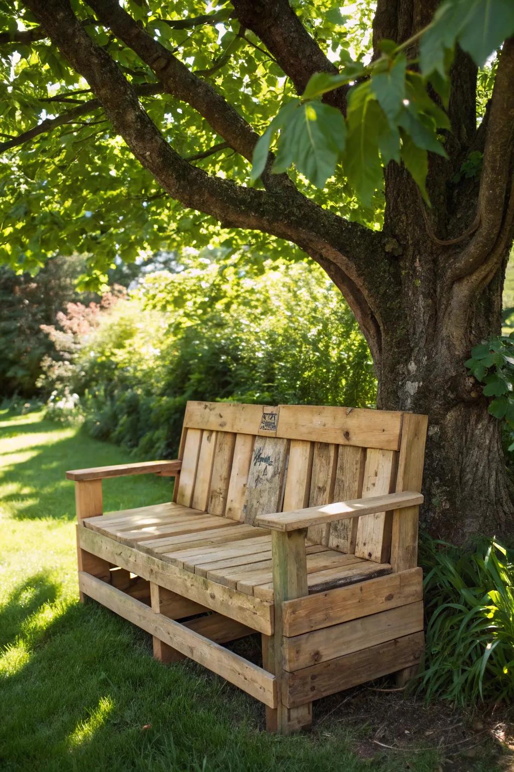 Find tranquility with a handcrafted pallet garden bench, your perfect outdoor retreat.