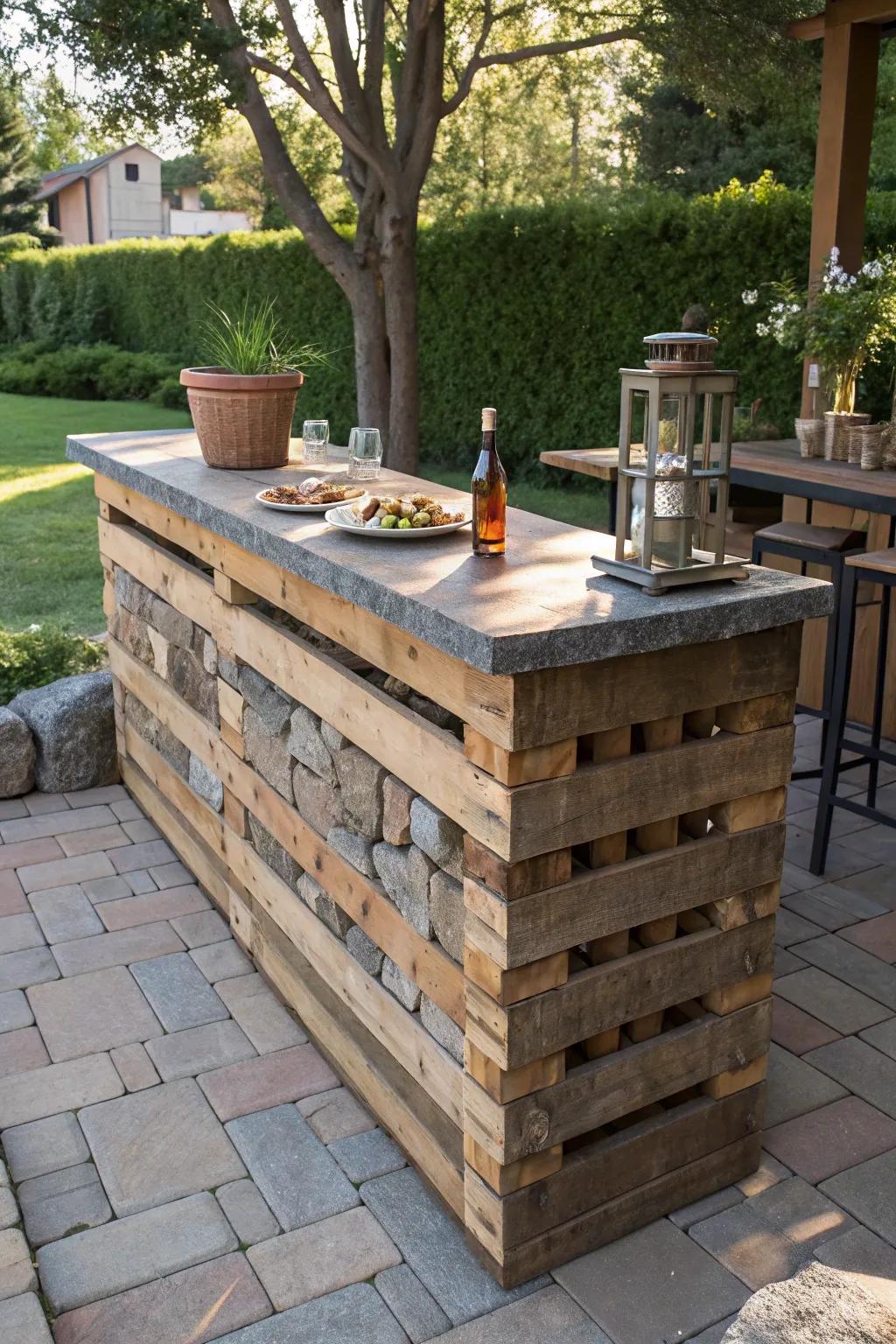 Elevate your outdoor space with a pallet bar that combines rustic wood and sleek stone accents for the perfect blend of style and function.