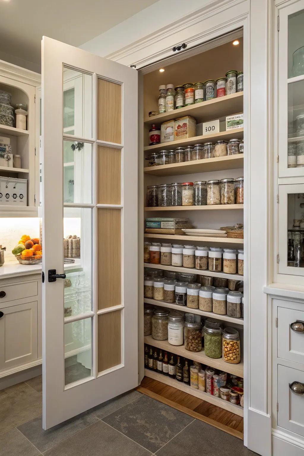 A pantry is designed with double doors, offering a grand and easily accessible entrance.