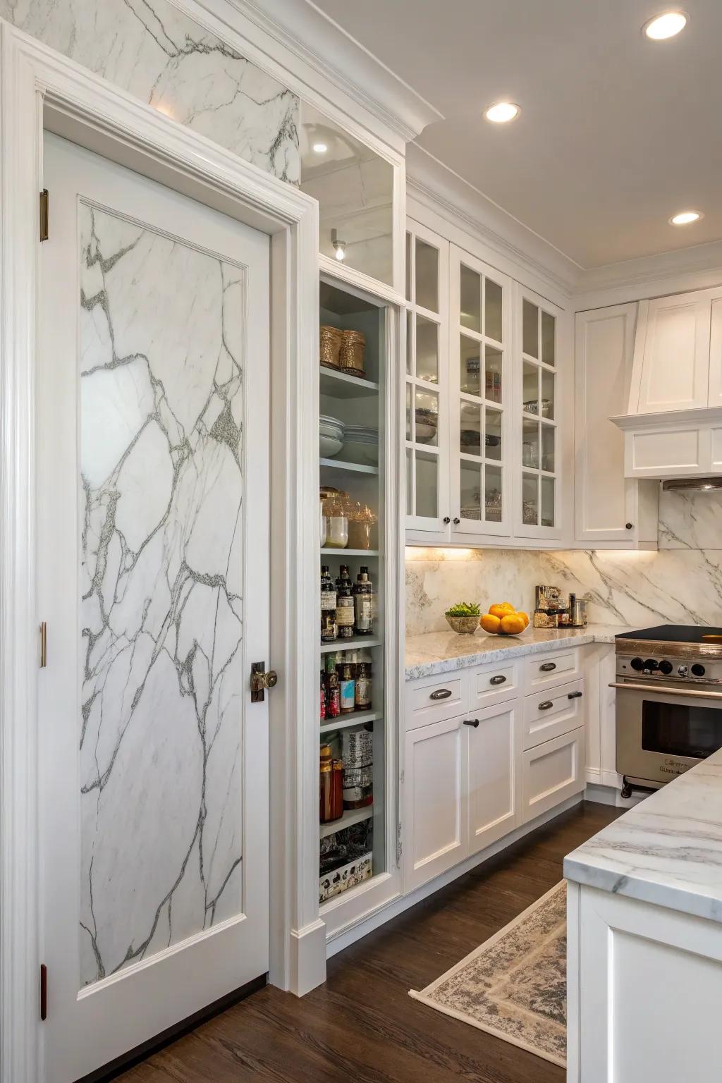 Blending the pantry door with the surface covering enhances kitchen cohesiveness.