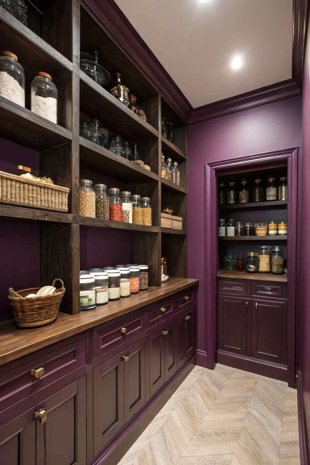 A luxurious deep purple pantry with an air of mystery.